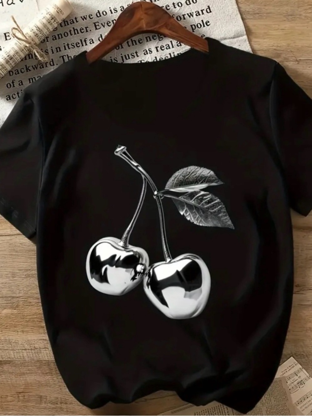 NWT Y2K Silver Liquid Chrome Cherry Black Graphic Tee Metallic Top XL Large